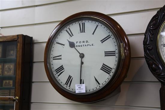 A late Victorian mahogany cased wall timepiece, 14.5in.